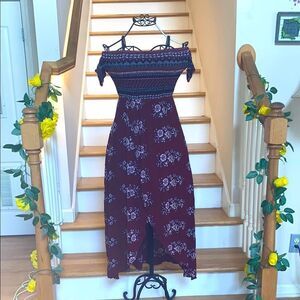 ✨Cottage Core BoHo Floral Off-Shoulder Cap Sleeves Burgundy Dress✨GUC✨
